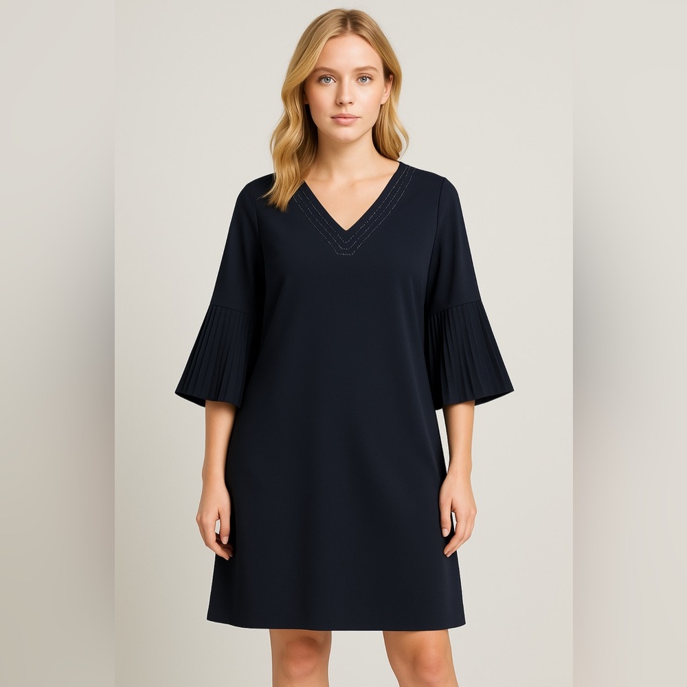 Persona by Marina Rinaldi Pleated Sleeve Embellished Dress  12 Navy V-Neck